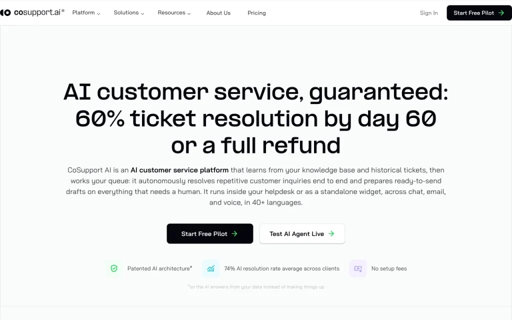 Capture d'écran de la page d'accueil de CoSupport AI, outil d'IA productivité et rédaction
