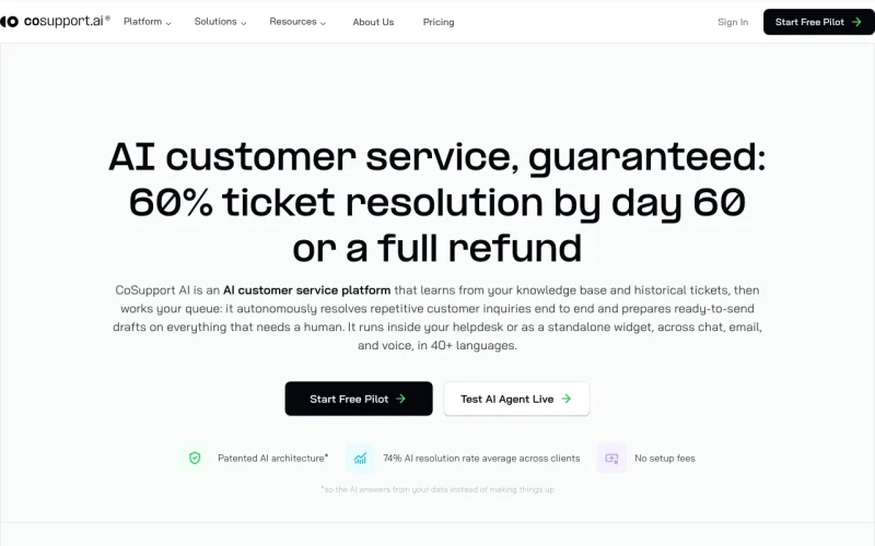 CoSupport AI Startseite, Screenshot, KI-Tool produktivität & schreiben