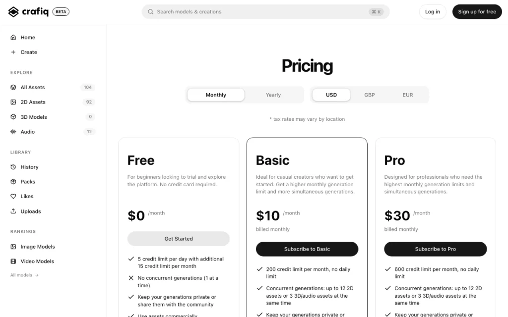 Crafiq AI Studio pricing page with plans and prices — screenshot of the image generation AI tool, Oct 2, 2026