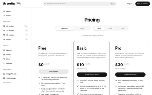 Crafiq AI Studio pricing page with plans and prices — screenshot of the image generation AI tool, 2026-10-02