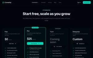Crewship pricing page homepage screenshot, coding AI tool
