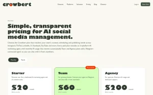 Crowbert pricing page homepage screenshot, productivity & writing AI tool
