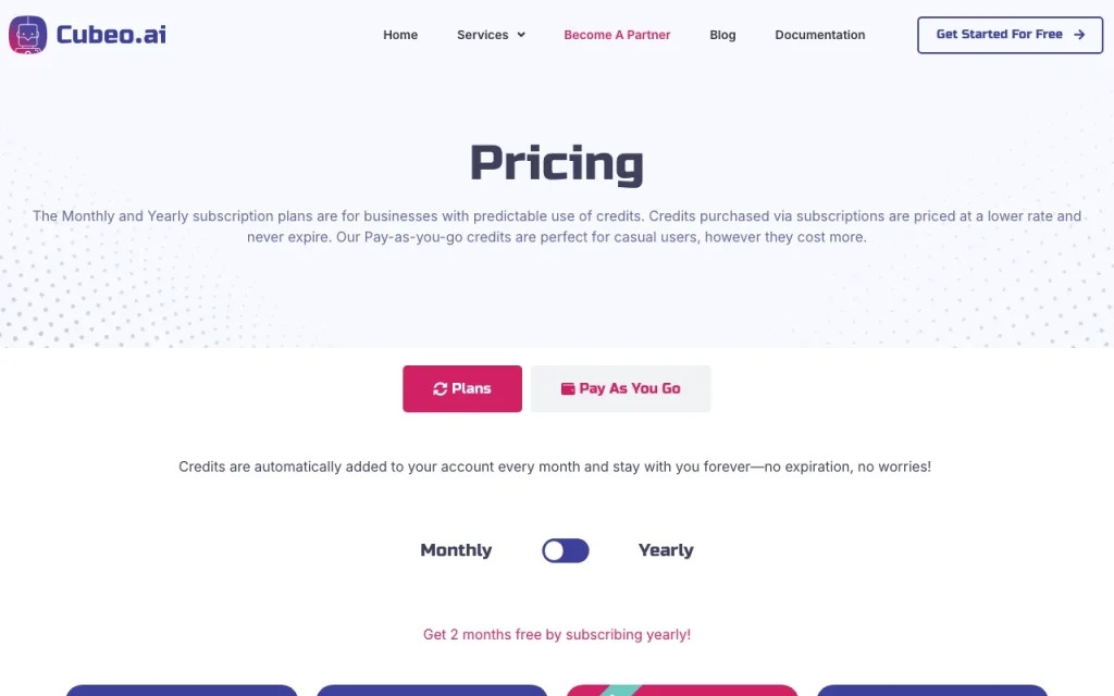Cubeo AI page de tarifs avec offres et prix — capture d'écran de l'outil d'IA productivité et rédaction, Oct 2, 2026