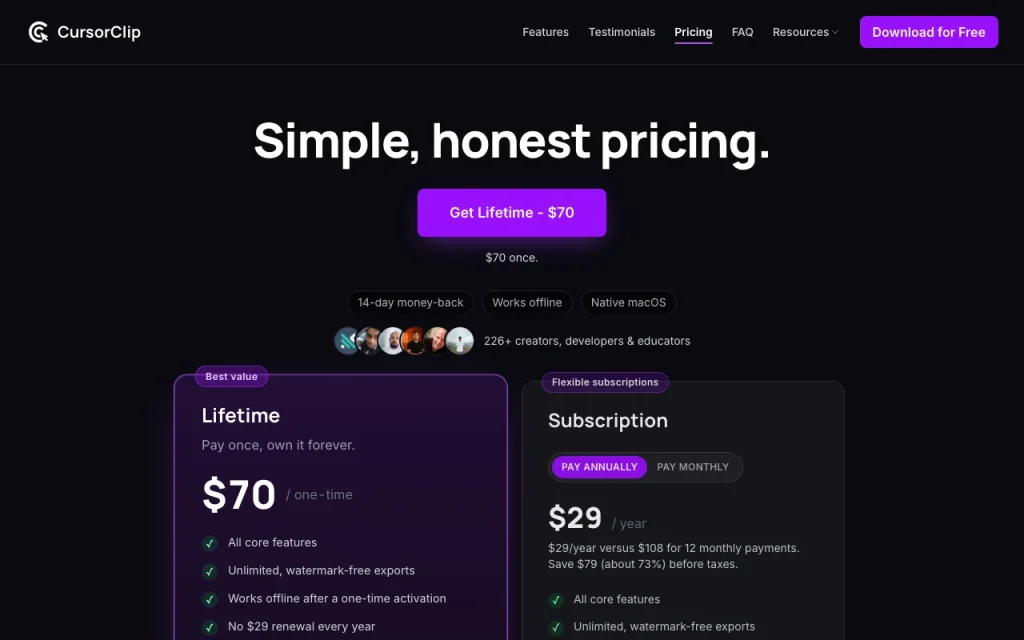CursorClip pricing page with plans and prices — screenshot of the video AI tool, Oct 2, 2026