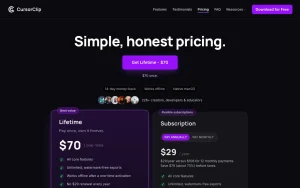 CursorClip pricing page with plans and prices — screenshot of the video AI tool, 2026-10-02