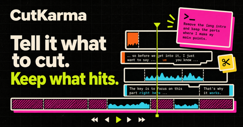 CutKarma homepage screenshot, video AI tool