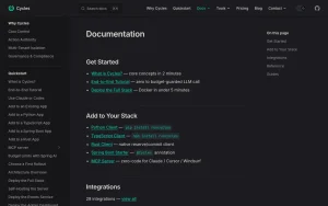 Cycles docs page homepage screenshot, coding AI tool