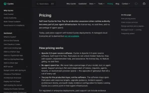 Cycles pricing page homepage screenshot, coding AI tool
