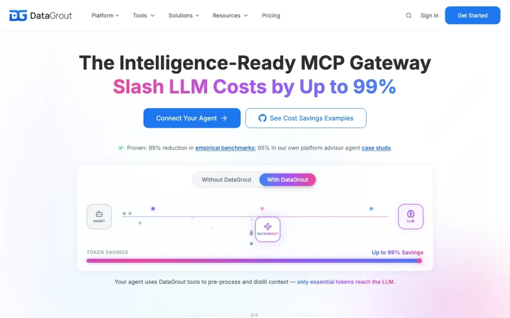 DataGrout homepage — screenshot of the coding AI tool, Oct 2, 2026