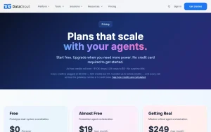 DataGrout pricing page with plans and prices — screenshot of the coding AI tool, 2026-10-02