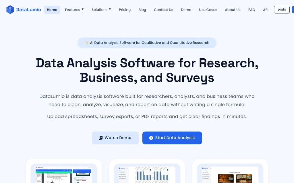 Captura de la página de inicio de DataLumio, herramienta de IA investigación y búsqueda