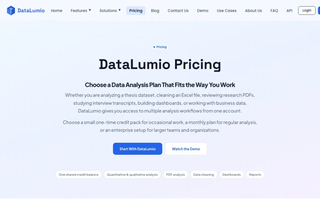 DataLumio página de precios con planes y precios — captura de pantalla de la herramienta de IA investigación y búsqueda, Oct 1, 2026