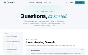 DealerAI FAQ page — screenshot of the productivity & writing AI tool, 2026-10-02