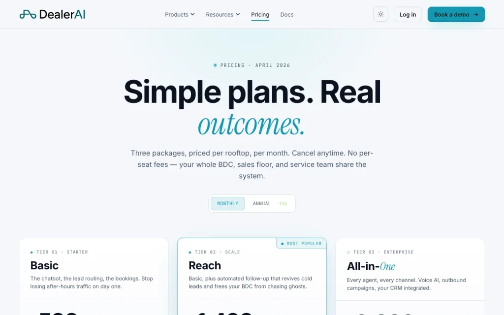 DealerAI pricing page with plans and prices — screenshot of the productivity & writing AI tool, Oct 2, 2026
