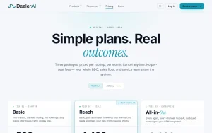 DealerAI pricing page with plans and prices — screenshot of the productivity & writing AI tool, 2026-10-02