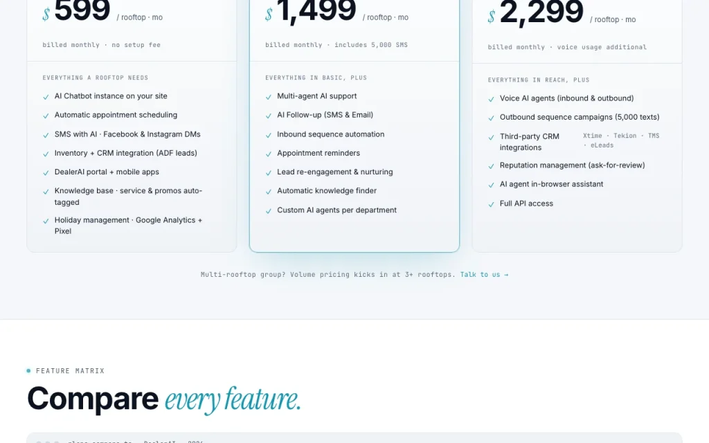 DealerAI pricing page with plans and prices — screenshot of the productivity & writing AI tool, Oct 2, 2026