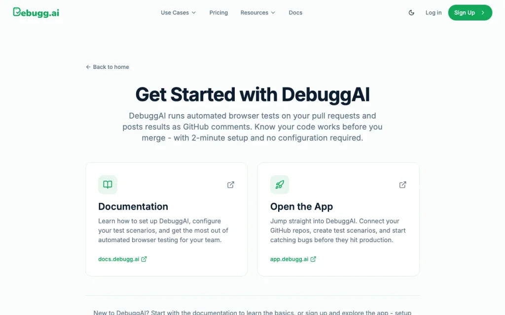 Captura de la página de inicio de DebuggAI, herramienta de IA programación
