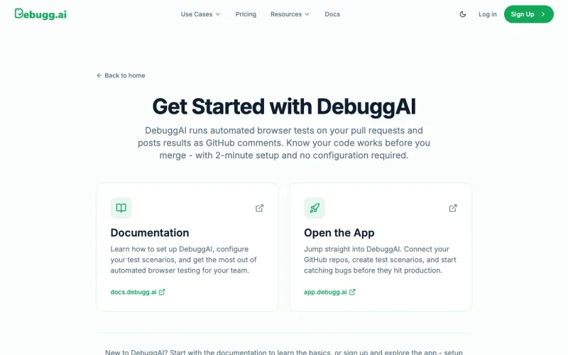 DebuggAI homepage screenshot, coding AI tool