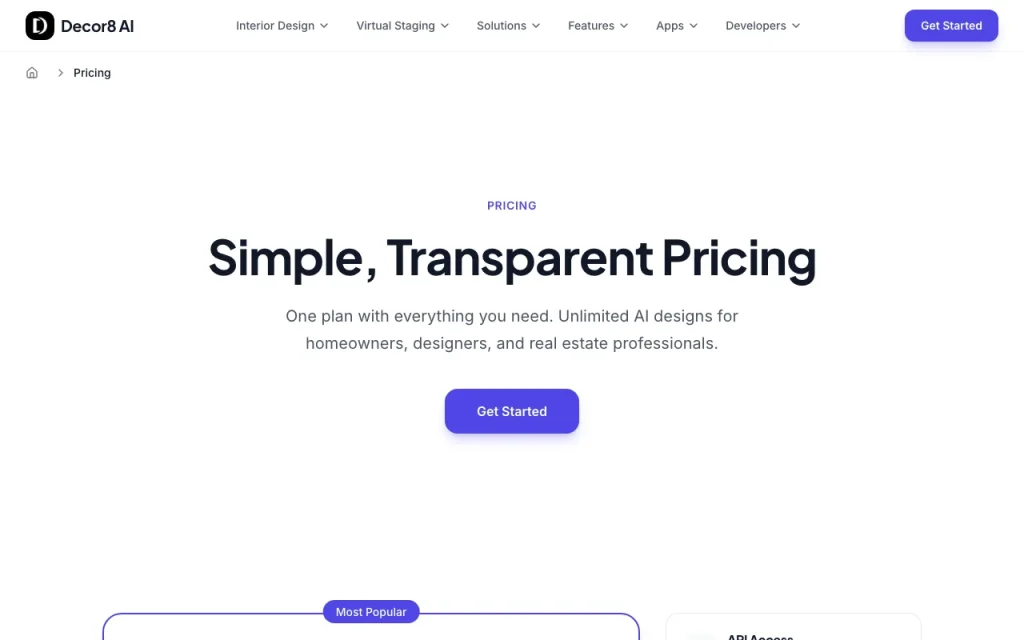 Decor8 AI pricing page with plans and prices — screenshot of the image generation AI tool, Oct 2, 2026