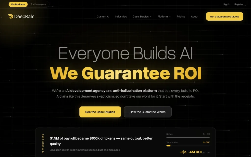 DeepRails Startseite – Screenshot des KI-Tools coding, Oct 2, 2026