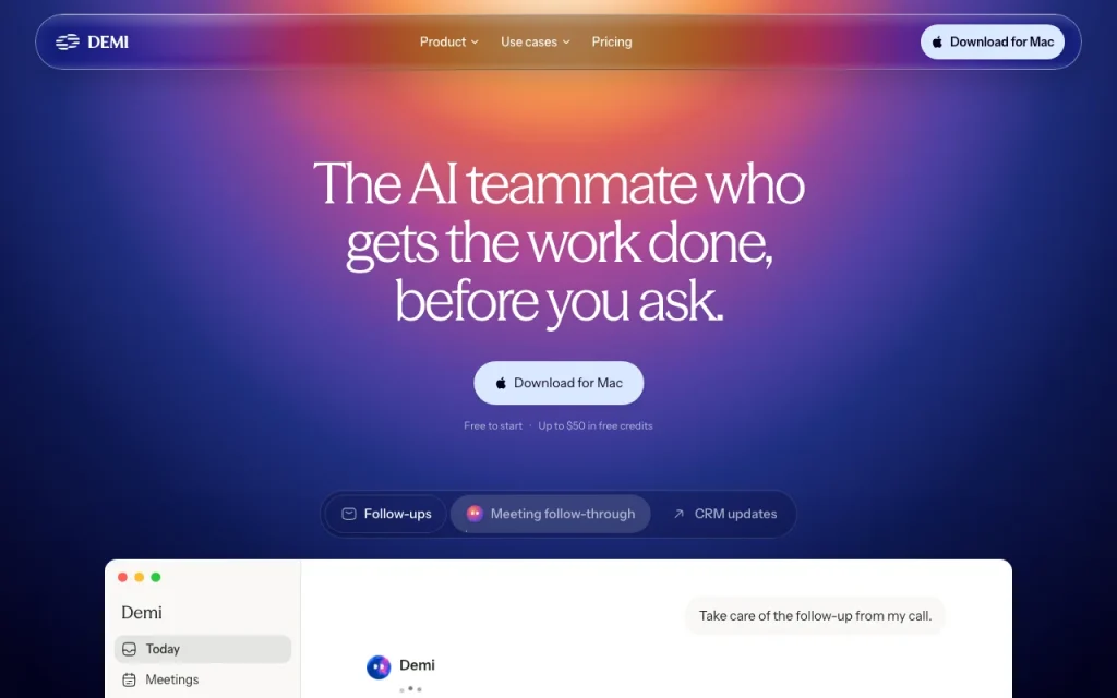 Demi homepage — screenshot of the productivity & writing AI tool, Oct 1, 2026