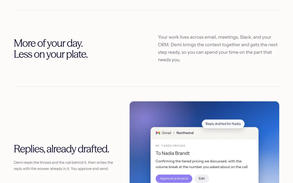 Demi homepage — screenshot of the productivity & writing AI tool, Oct 1, 2026