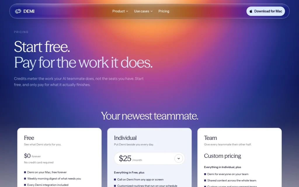 Demi pricing page with plans and prices — screenshot of the productivity & writing AI tool, Oct 1, 2026