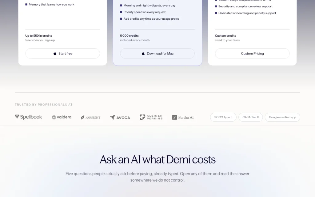 Demi pricing page with plans and prices — screenshot of the productivity & writing AI tool, Oct 1, 2026