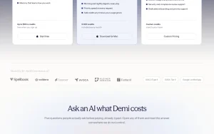 Demi pricing page homepage screenshot, productivity & writing AI tool