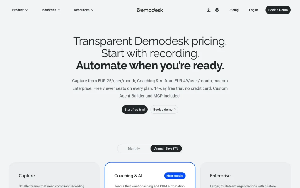 Demodesk pricing page with plans and prices — screenshot of the productivity & writing AI tool, Oct 2, 2026