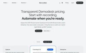 Demodesk pricing page with plans and prices — screenshot of the productivity & writing AI tool, 2026-10-02