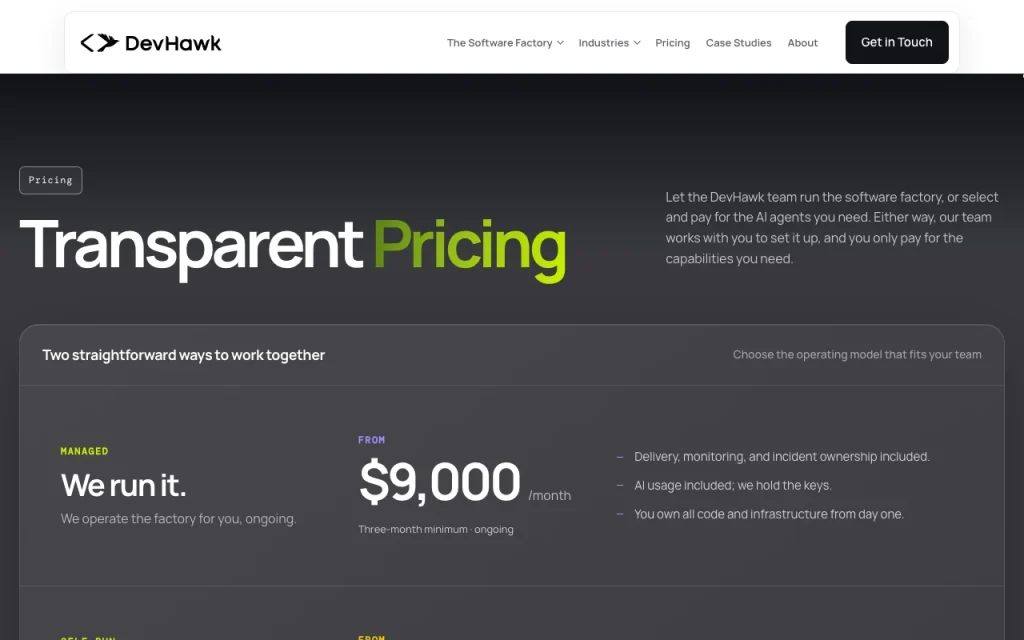 DevHawk pricing page with plans and prices — screenshot of the coding AI tool, Oct 2, 2026