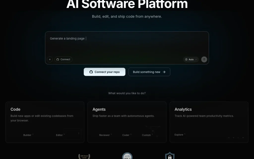 devlo homepage — screenshot of the coding AI tool, Oct 2, 2026