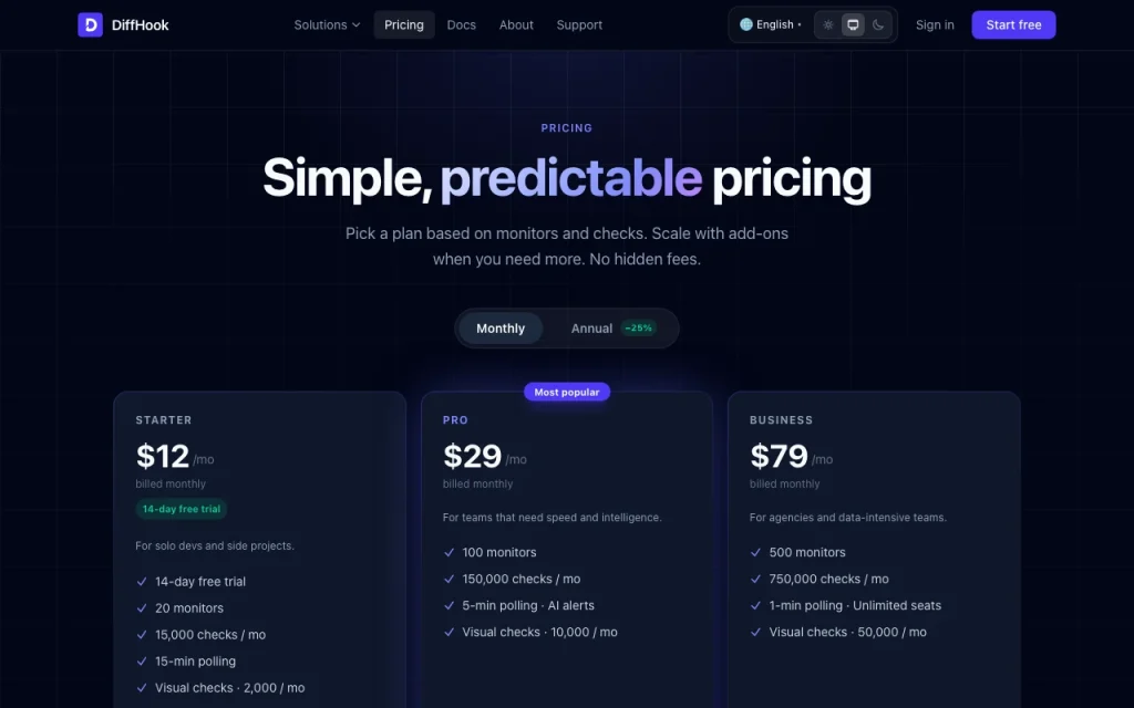 DiffHook pricing page with plans and prices — screenshot of the productivity & writing AI tool, Oct 1, 2026
