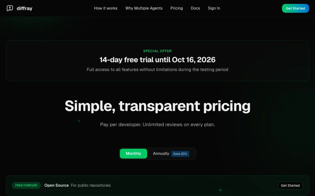 diffray pricing page with plans and prices — screenshot of the coding AI tool, Oct 2, 2026