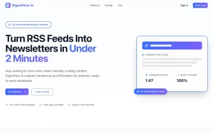 DigestFlow AI homepage — screenshot of the productivity & writing AI tool, 2026-10-02