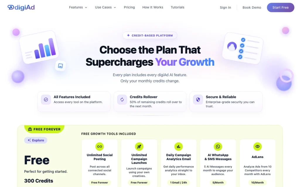 digiAd AI page de tarifs avec offres et prix — capture d'écran de l'outil d'IA productivité et rédaction, Oct 2, 2026
