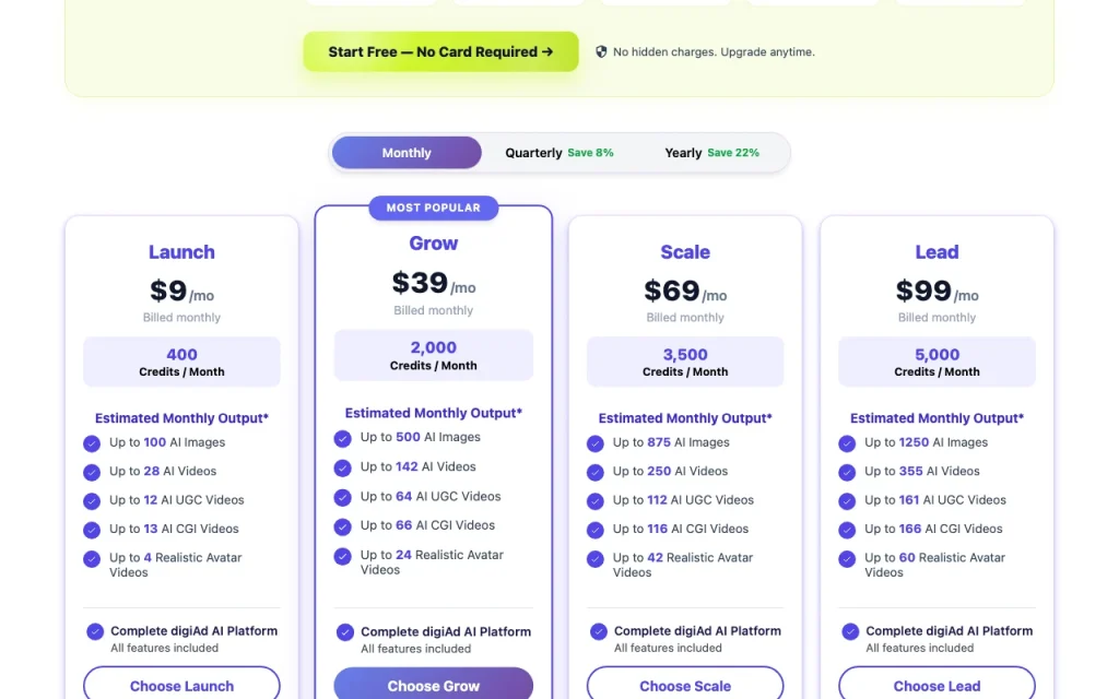 digiAd AI página de precios con planes y precios — captura de pantalla de la herramienta de IA productividad y escritura, Oct 2, 2026