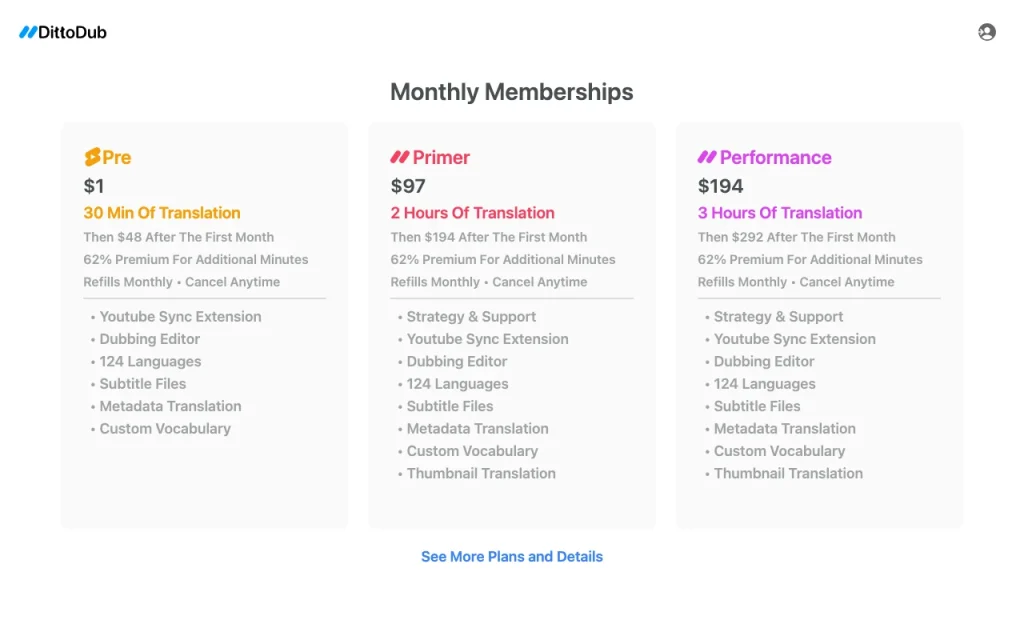 DittoDub pricing page with plans and prices — screenshot of the audio & voice AI tool, Oct 2, 2026