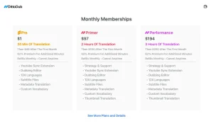 DittoDub pricing page with plans and prices — screenshot of the audio & voice AI tool, 2026-10-02
