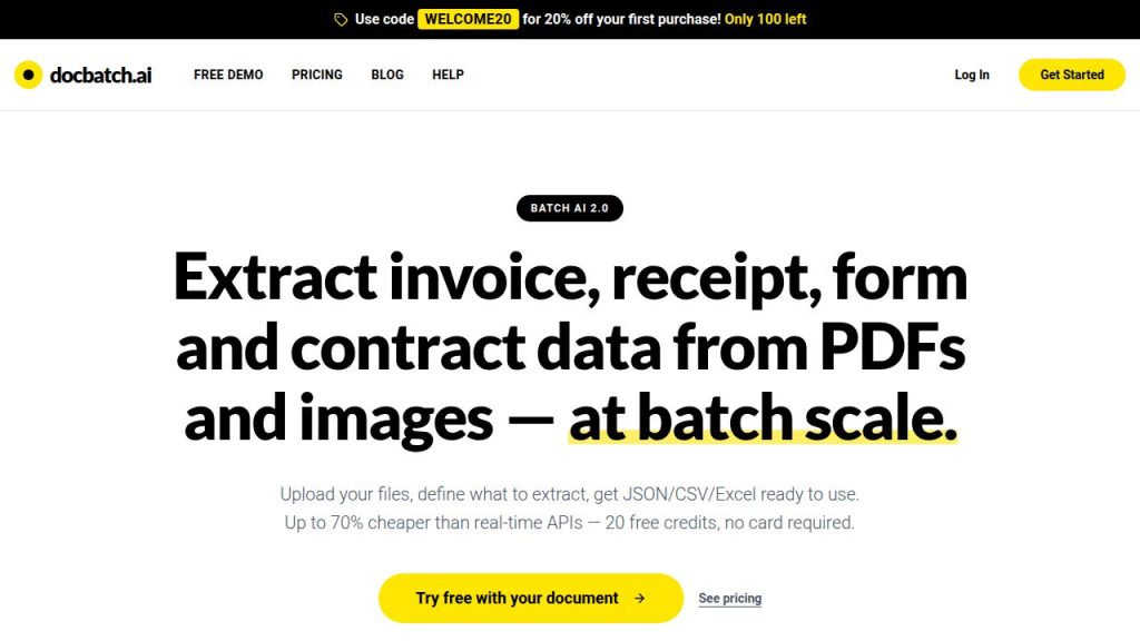 DocBatch.ai Startseite, Screenshot, KI-Tool produktivität & schreiben