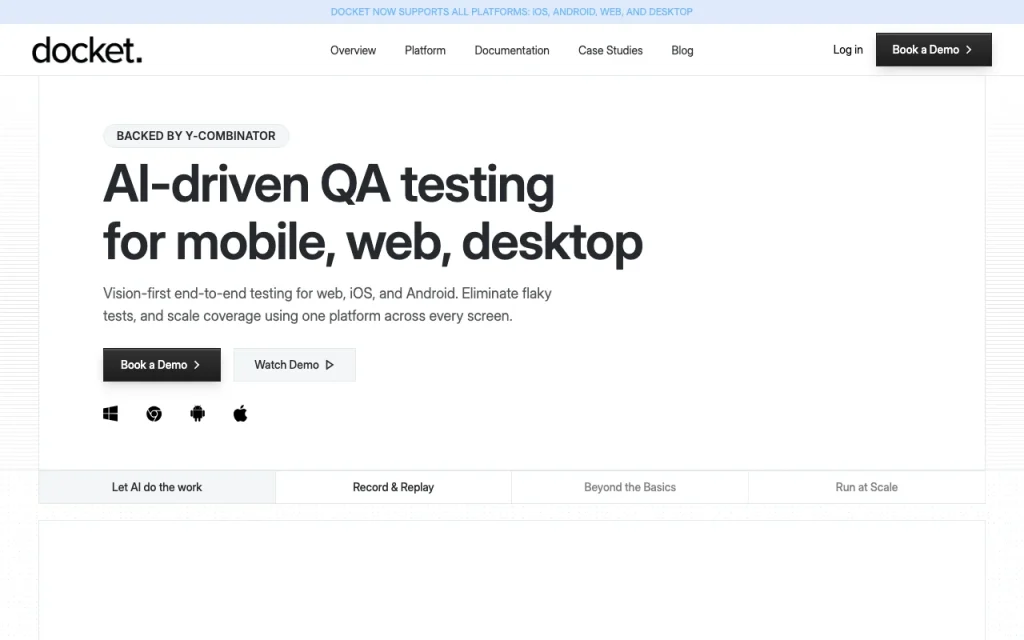 Docket homepage screenshot, coding AI tool
