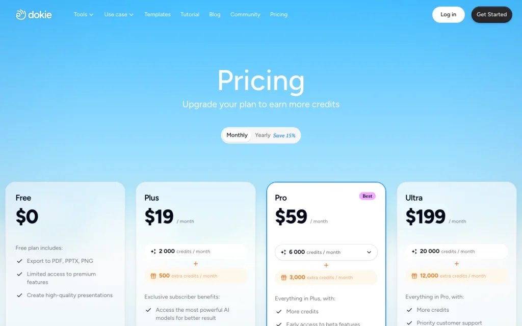 Dokie pricing page with plans and prices — screenshot of the productivity & writing AI tool, Oct 2, 2026
