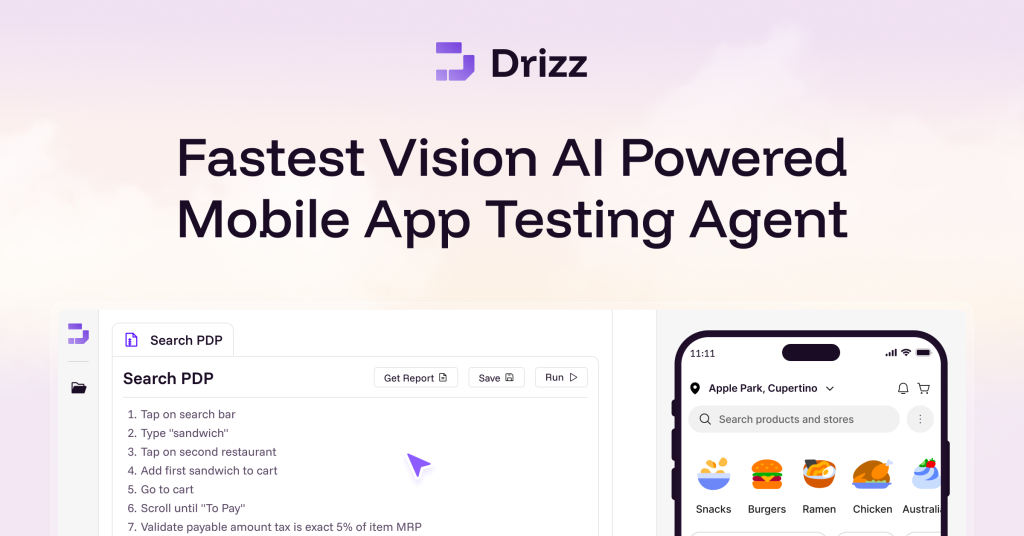 Drizz homepage screenshot, coding AI tool