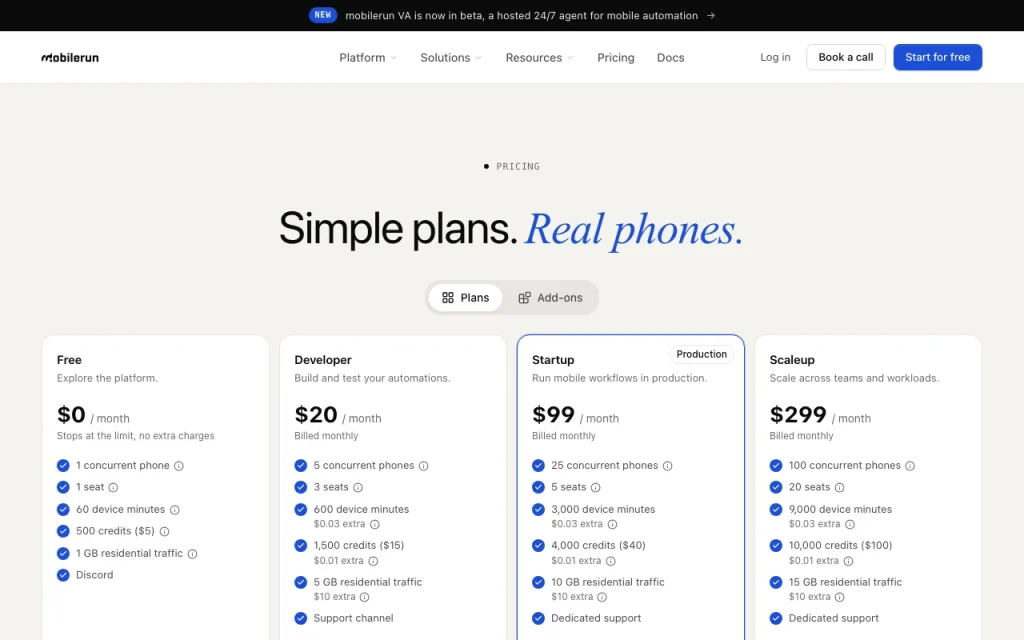 Droidrun (mobilerun) página de precios con planes y precios — captura de pantalla de la herramienta de IA programación, Oct 1, 2026