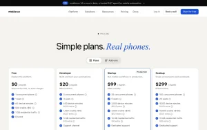 Droidrun (mobilerun) pricing page homepage screenshot, coding AI tool