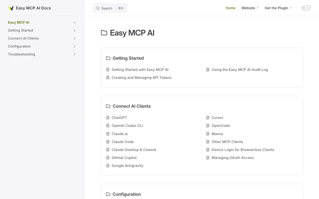 Easy MCP AI documentation — screenshot of the productivity & writing AI tool, Oct 2, 2026