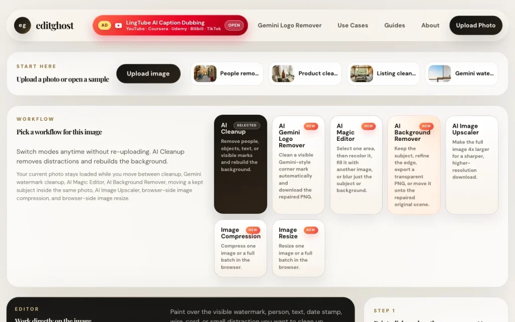 editghost homepage — screenshot of the image generation AI tool, Oct 2, 2026