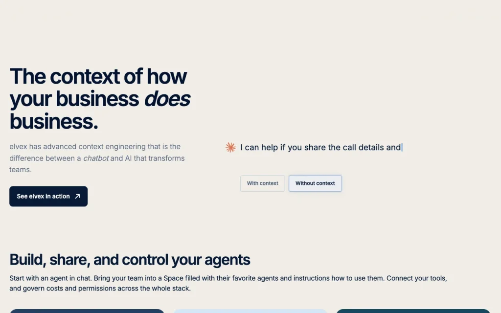 elvex homepage — screenshot of the productivity & writing AI tool, Oct 1, 2026