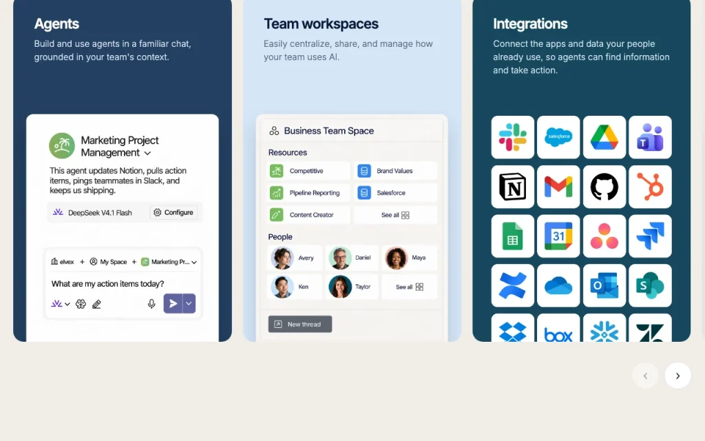 elvex homepage — screenshot of the productivity & writing AI tool, Oct 1, 2026